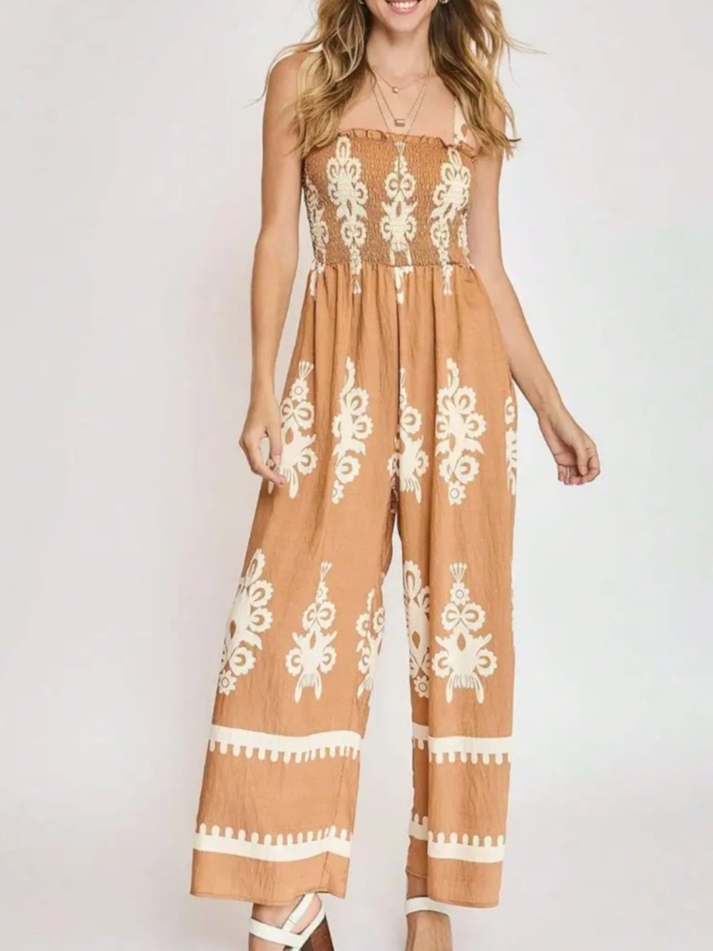 Umgee Tan Strapless Smocked Wide-Leg Jumpsuit with White Embroidery